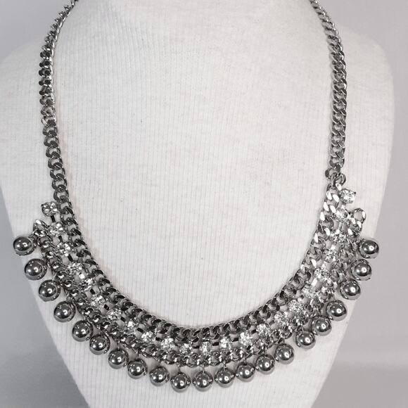 Silver Tone Bib Necklace Tribal Curb Chains Rhinestones And Beads - Picture 1 of 13